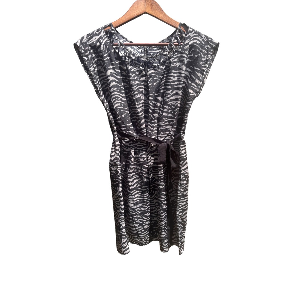 Zebra Print Dress Womens Small Black White Lattice Neck Tie Waist NWT